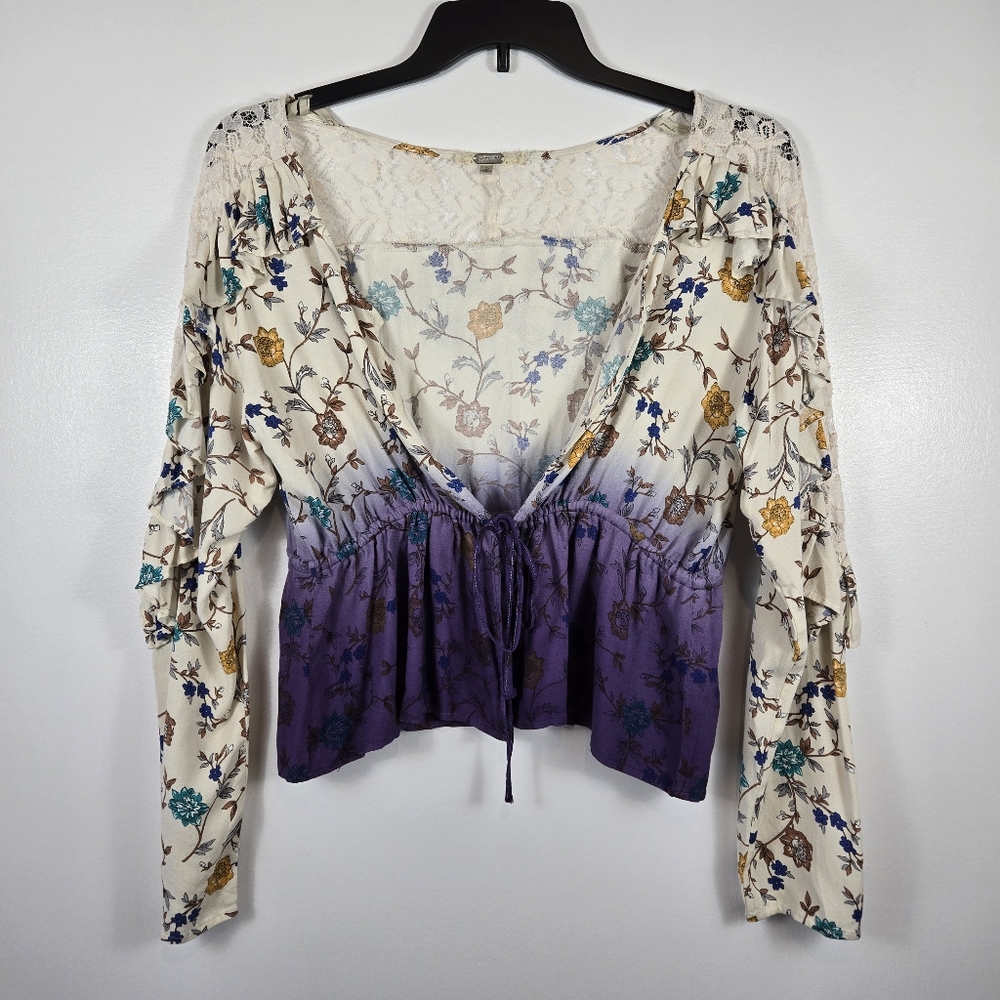 Gimmicks BKE Y2K Floral Ombre Lace Ruffle Open Front Peplum Top Size Large